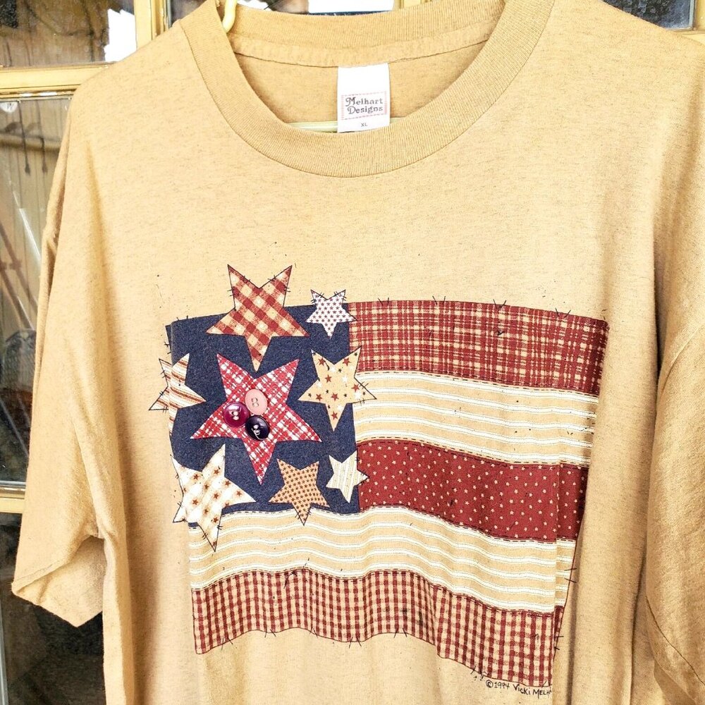 Vintage 1994 T-Shirt XL Single Stitch Flag Stars 3 Buttons Made USA 100% Cotton